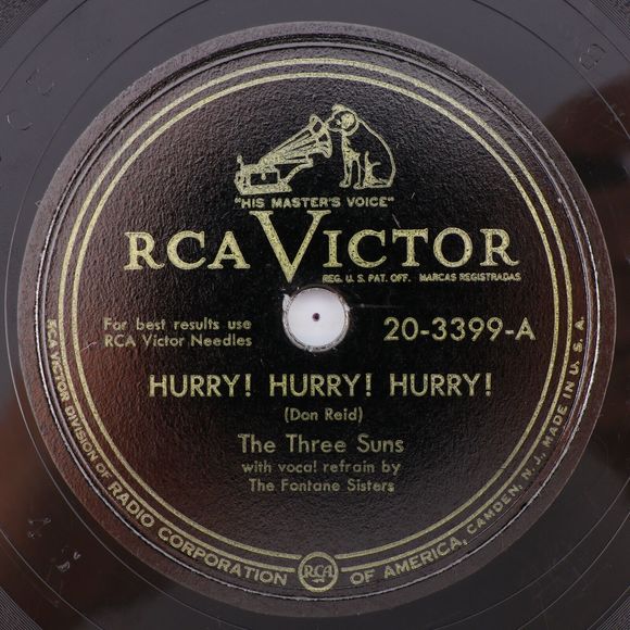 The Three Suns, Hurry! / Ballin' The Jack 1949 10" 78 rpm Shellac Record 20-3399 - Picture 1 of 16